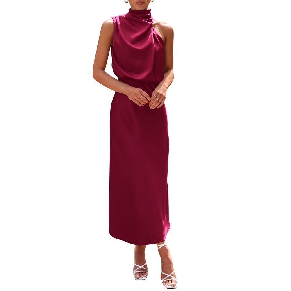 Sleeveless Long Satin Elegant Mock Neck Maxi Dress (Deep Red, 2XL)